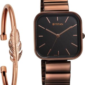 Titan Purple Stackables Quartz Analog Black Dial Metallic Brown Stainless Steel Strap Watch for Women